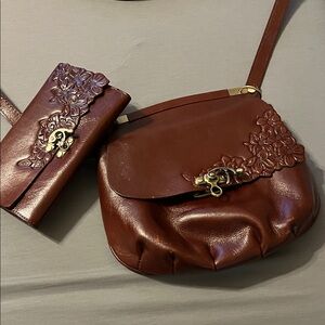 Patricia Nash Floral Embossed Brown Crossbody Bag and Wallet